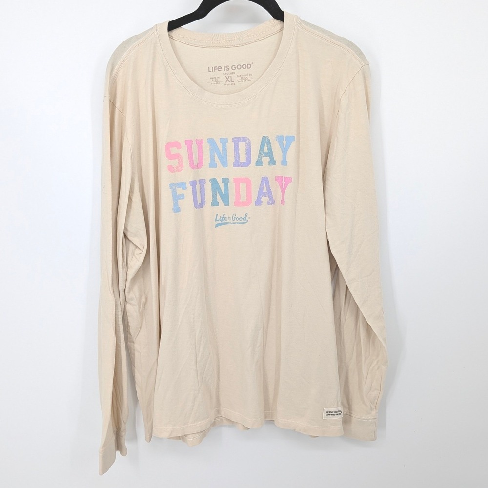 Life is Good Crusher Tee Women XL Beige Sunday Funday Long Sleeve Graphic Top